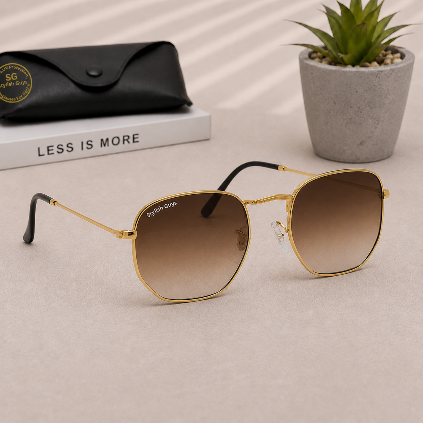Sunglasses For Men With Brown Shade Glass & Golden Frame 3548 Hexagon Sunglass By Sunglasses Deal