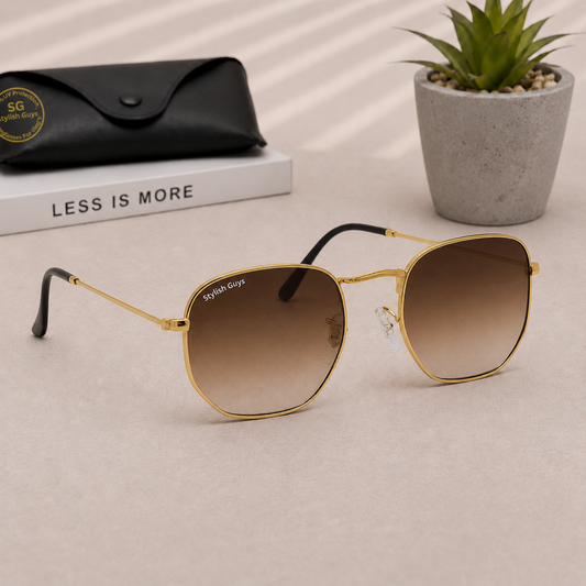 Sunglasses For Men With Brown Shade Glass & Golden Frame 3548 Hexagon Sunglass By Sunglasses Deal