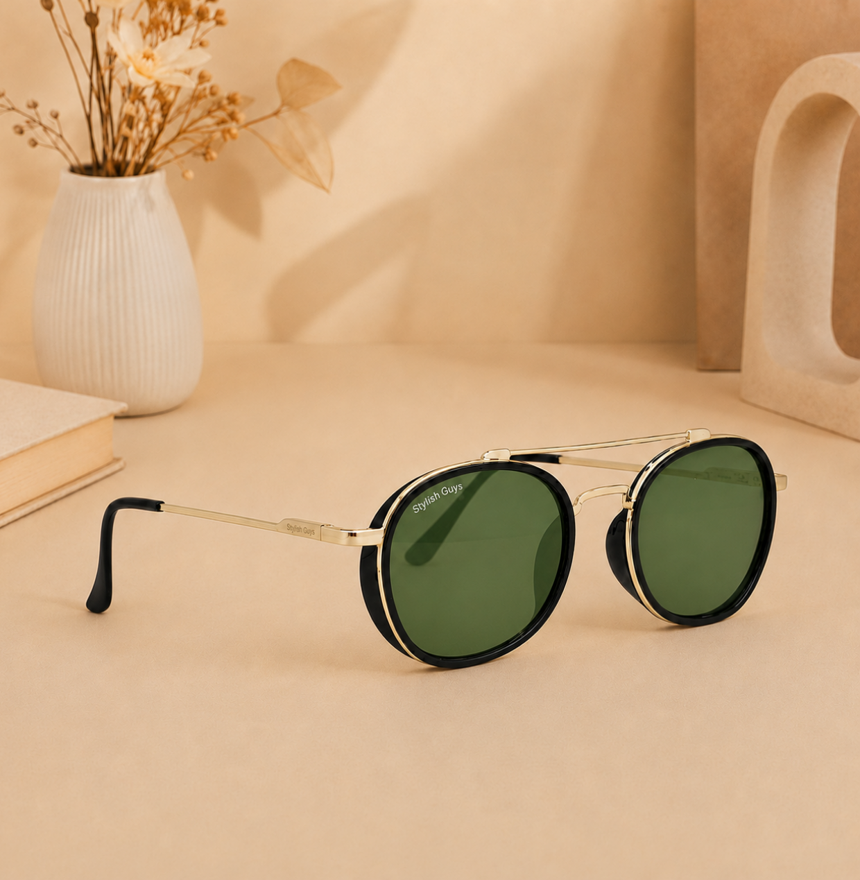 Sunglasses For Men With Green Glass & Golden Frame 4612 Panto Round Sunglass By Sunglasses Deal