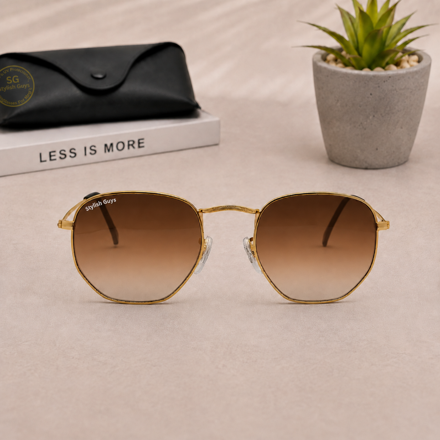Sunglasses For Men With Brown Shade Glass & Golden Frame 3548 Hexagon Sunglass By Sunglasses Deal