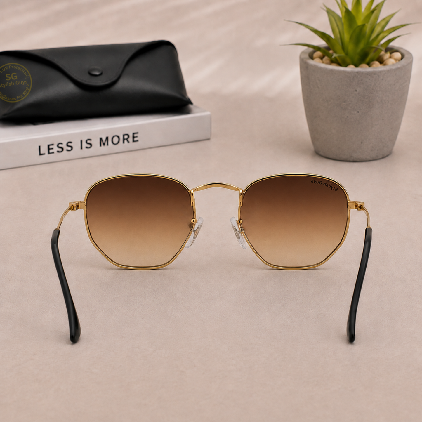 Sunglasses For Men With Brown Shade Glass & Golden Frame 3548 Hexagon Sunglass By Sunglasses Deal