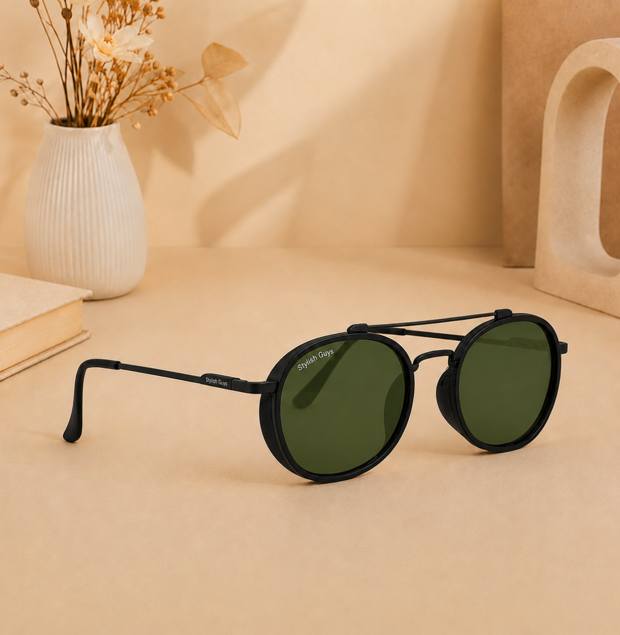 Sunglasses For Men With Green Glass & Black Frame 4612 Panto Round Sunglass By Sunglasses Deal