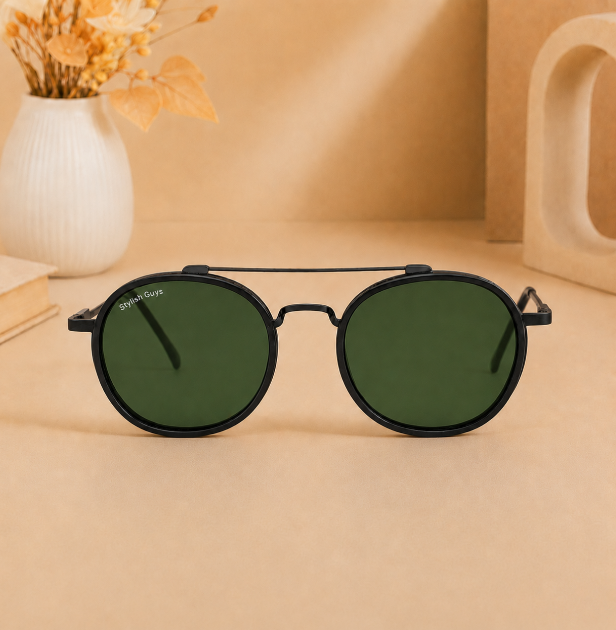 Sunglasses For Men With Green Glass & Black Frame 4612 Panto Round Sunglass By Sunglasses Deal