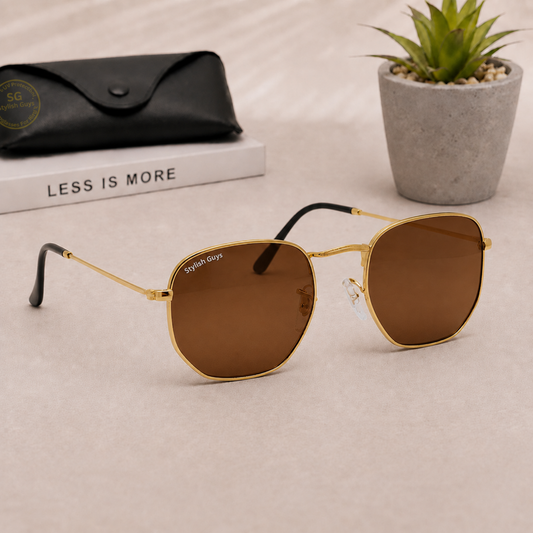 Sunglasses For Men With Brown Glass & Golden Frame 3548 Hexagon Sunglass By Sunglasses Deal