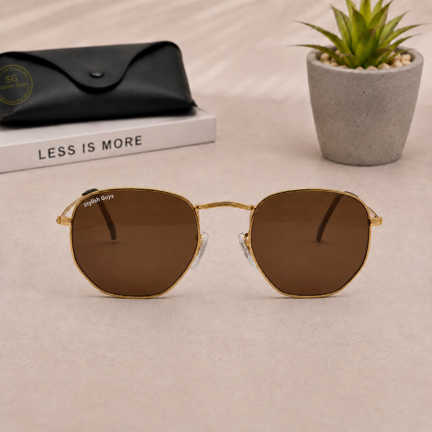 Sunglasses For Men With Brown Glass & Golden Frame 3548 Hexagon Sunglass By Sunglasses Deal