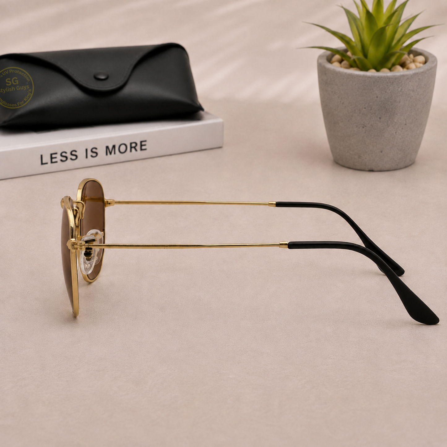 Sunglasses For Men With Brown Glass & Golden Frame 3548 Hexagon Sunglass By Sunglasses Deal