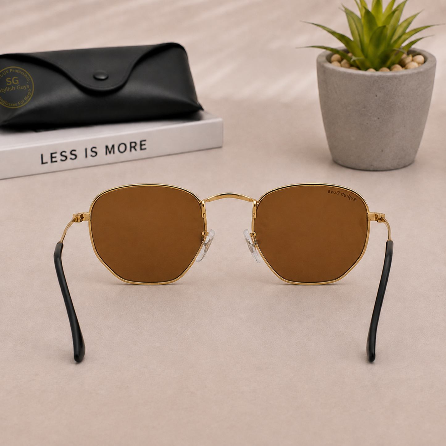 Sunglasses For Men With Brown Glass & Golden Frame 3548 Hexagon Sunglass By Sunglasses Deal