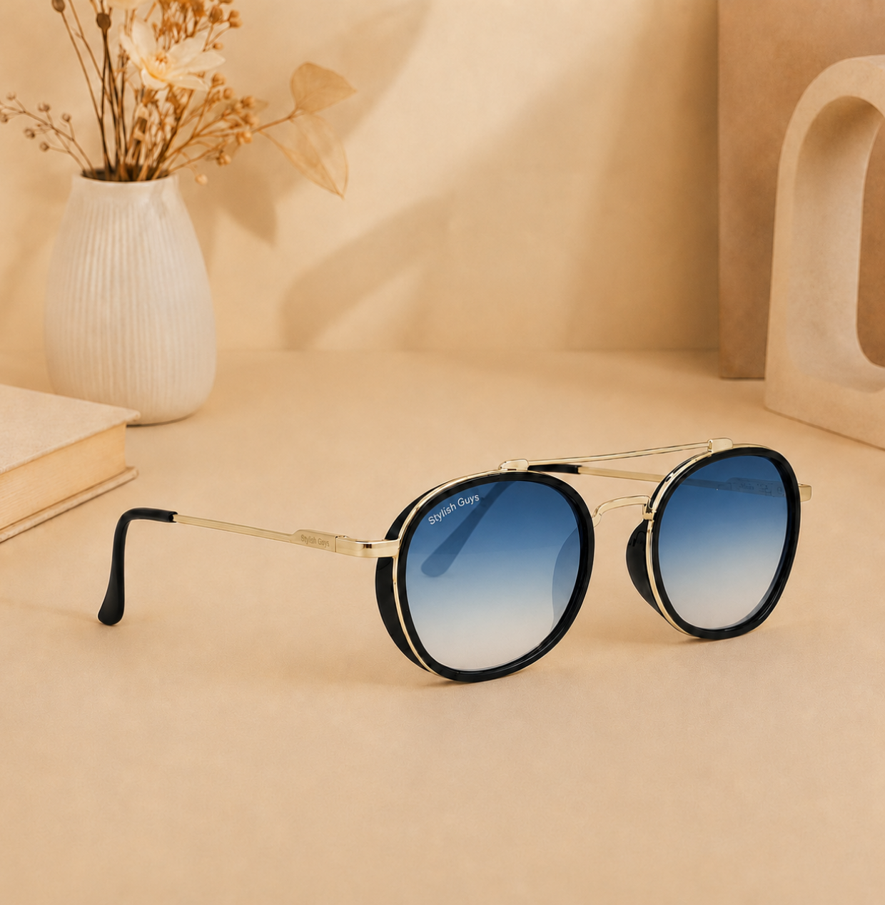 Sunglasses For Men With Blue Shade Glass & Golden Frame 4612 Panto Round Sunglass By Sunglasses Deal