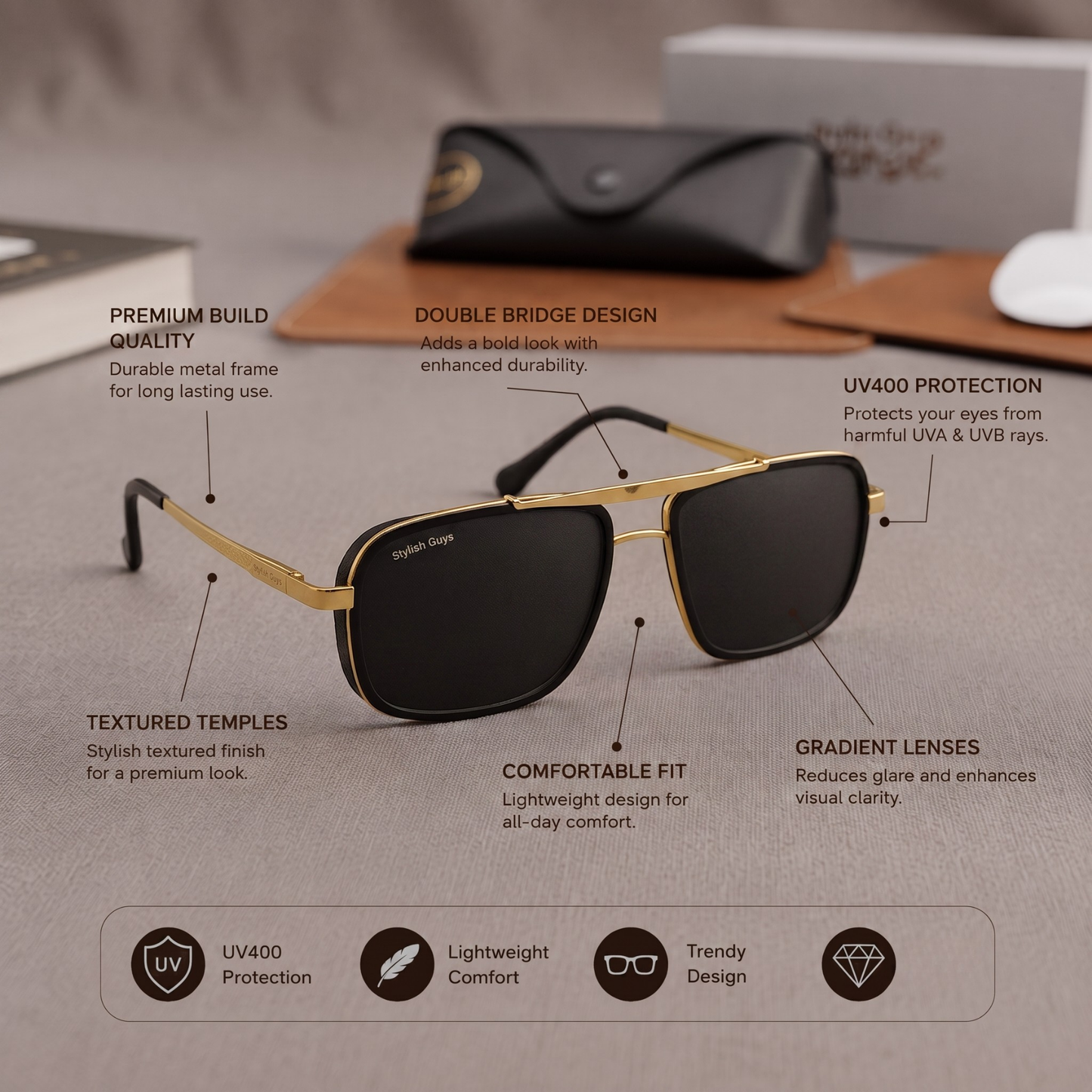 Sunglasses For Men With Black Glass & Golden Frame 4413 Square Sunglass By Sunglasses Deal