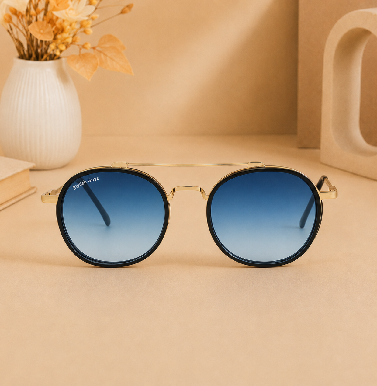 Sunglasses For Men With Blue Shade Glass & Golden Frame 4612 Panto Round Sunglass By Sunglasses Deal