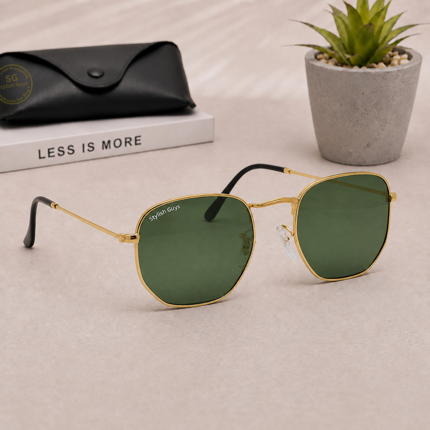 Sunglasses For Men With Green Glass & Golden Frame 3548 Hexagon Sunglass By Sunglasses Deal