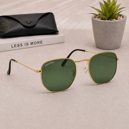 Sunglasses For Men With Green Glass & Golden Frame 3548 Hexagon Sunglass By Sunglasses Deal