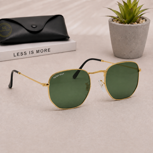 Sunglasses For Men With Green Glass & Golden Frame 3548 Hexagon Sunglass By Sunglasses Deal