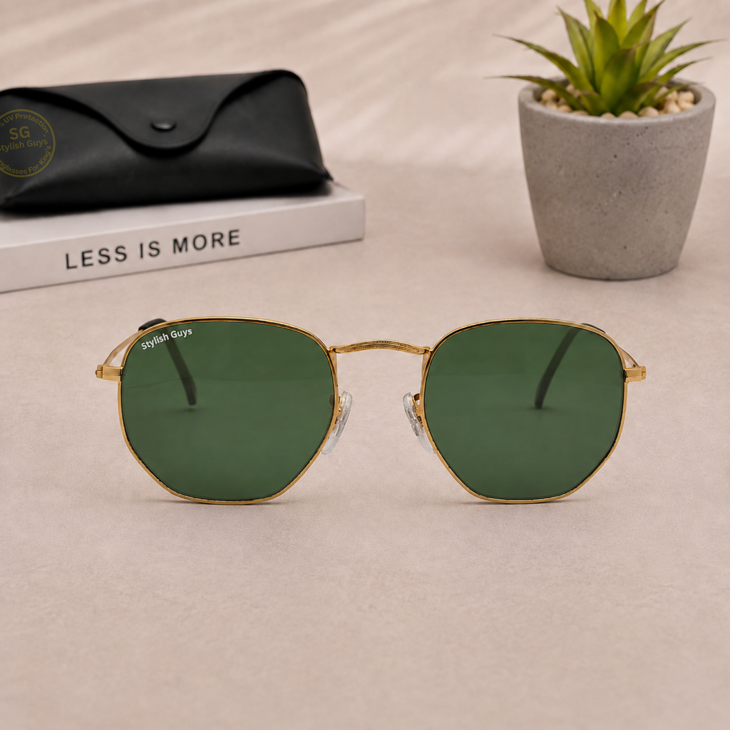 Sunglasses For Men With Green Glass & Golden Frame 3548 Hexagon Sunglass By Sunglasses Deal