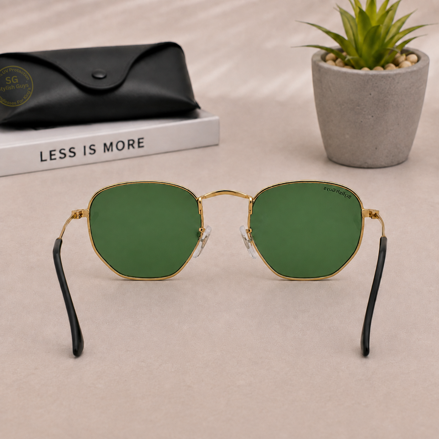 Sunglasses For Men With Green Glass & Golden Frame 3548 Hexagon Sunglass By Sunglasses Deal