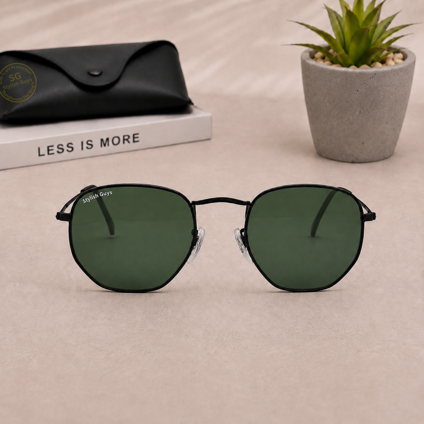 Sunglasses For Men With Green Glass & Black Frame 3548 Hexagon Sunglass By Sunglasses Deal