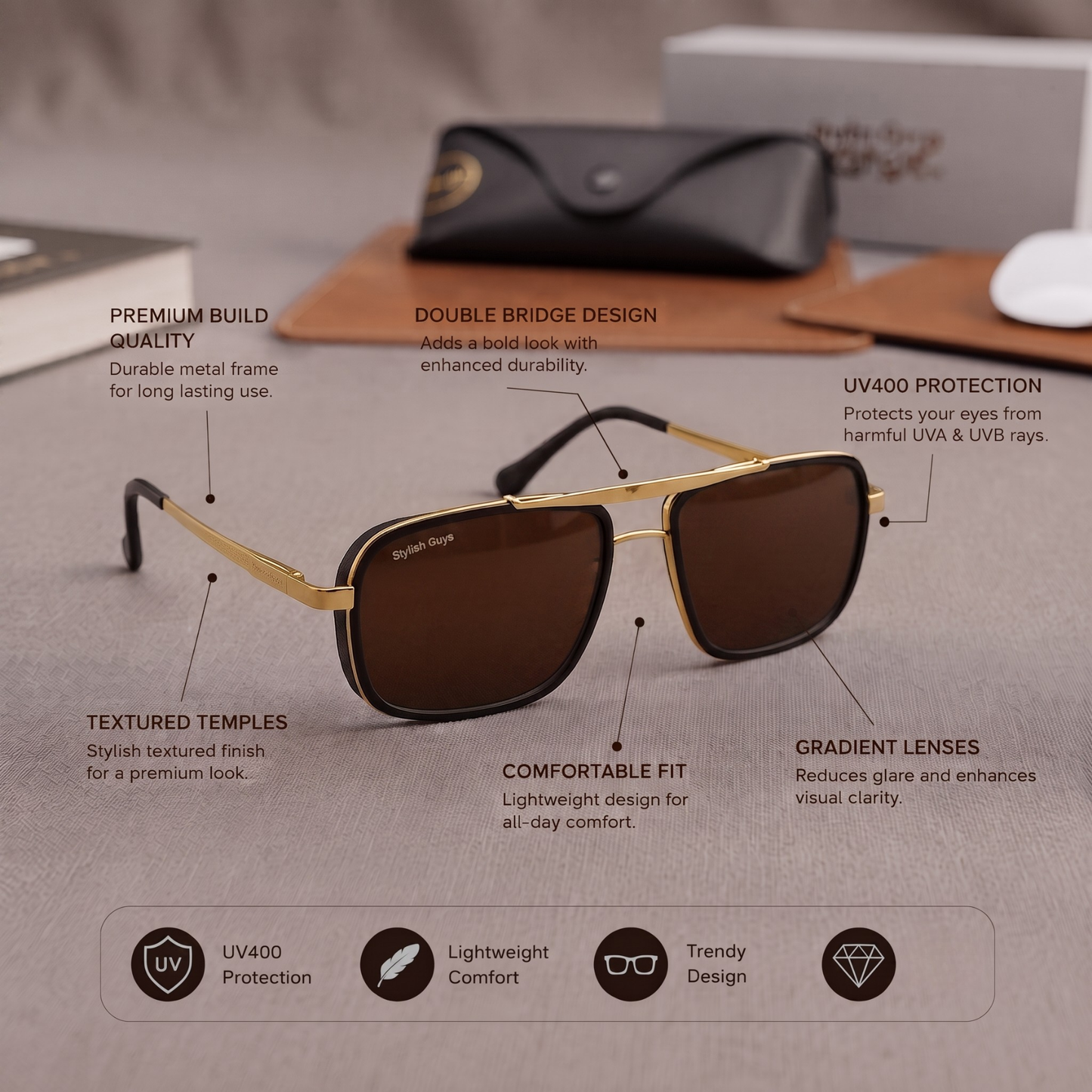 Sunglasses For Men With Brown Glass & Golden Frame 4413 Square Sunglass By Sunglasses Deal