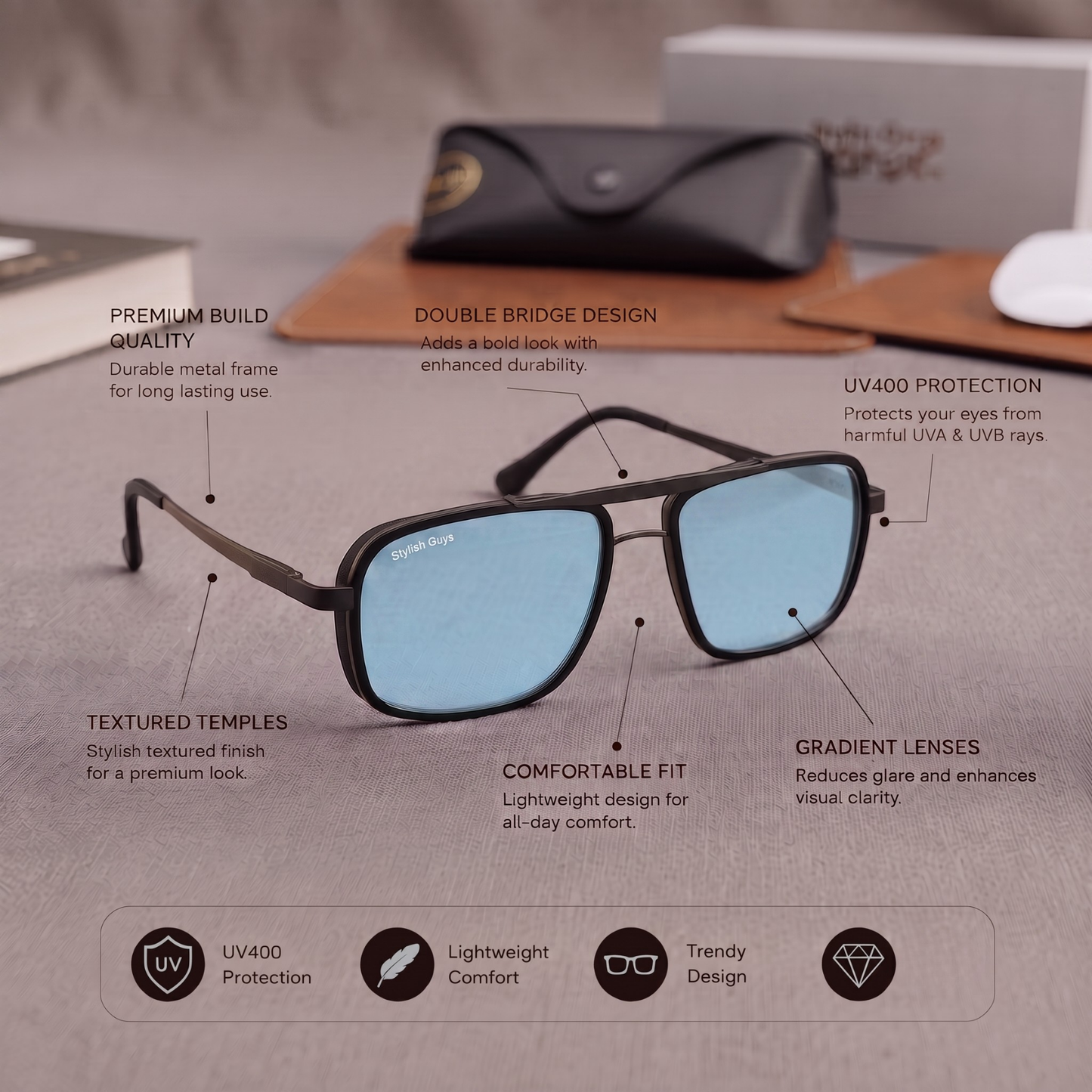 Sunglasses For Men With Candy Blue Glass & Black Frame 4413 Square Sunglass By Sunglasses Deal