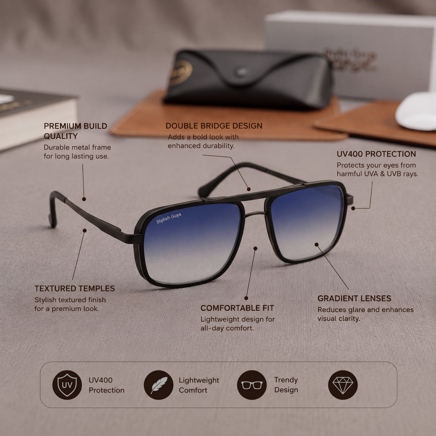 Sunglasses For Men With Blue Shade Glass & Black Frame 4413 Square Sunglass By Sunglasses Deal