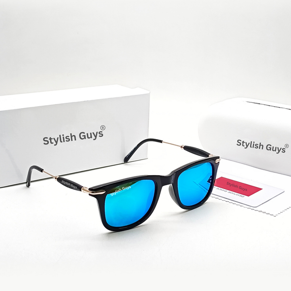 New Fancy Latest Fix Nosed Trending Ocean Blue mirror & Gold frame Square With Spring Ingis Flexible Frame Hot Favourite Sunglass For Men, Women & Unisex. ( SG - 2148 )