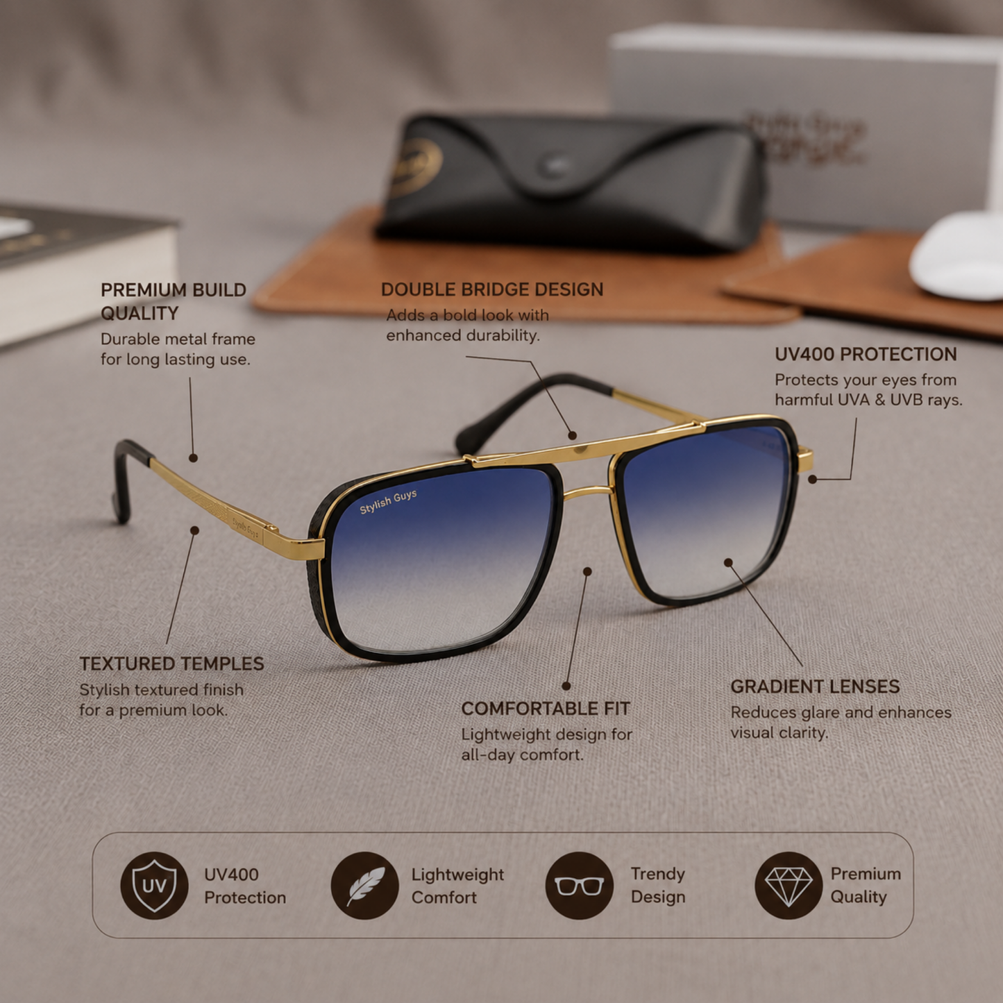 Sunglasses For Men With Aqua Blue Shade Glass & Golden Frame 4413 Square Sunglass By Sunglasses Deal
