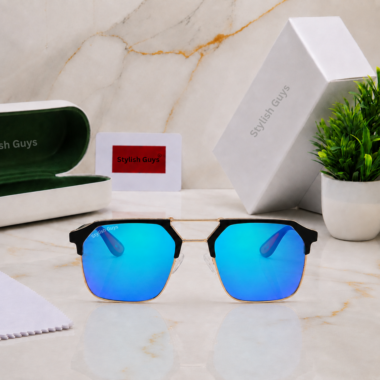Sunglasses For Men With Aqua Blue Mercury Glass & Golden Frame 04 Square Polarized Sunglass By Sunglasses Deal