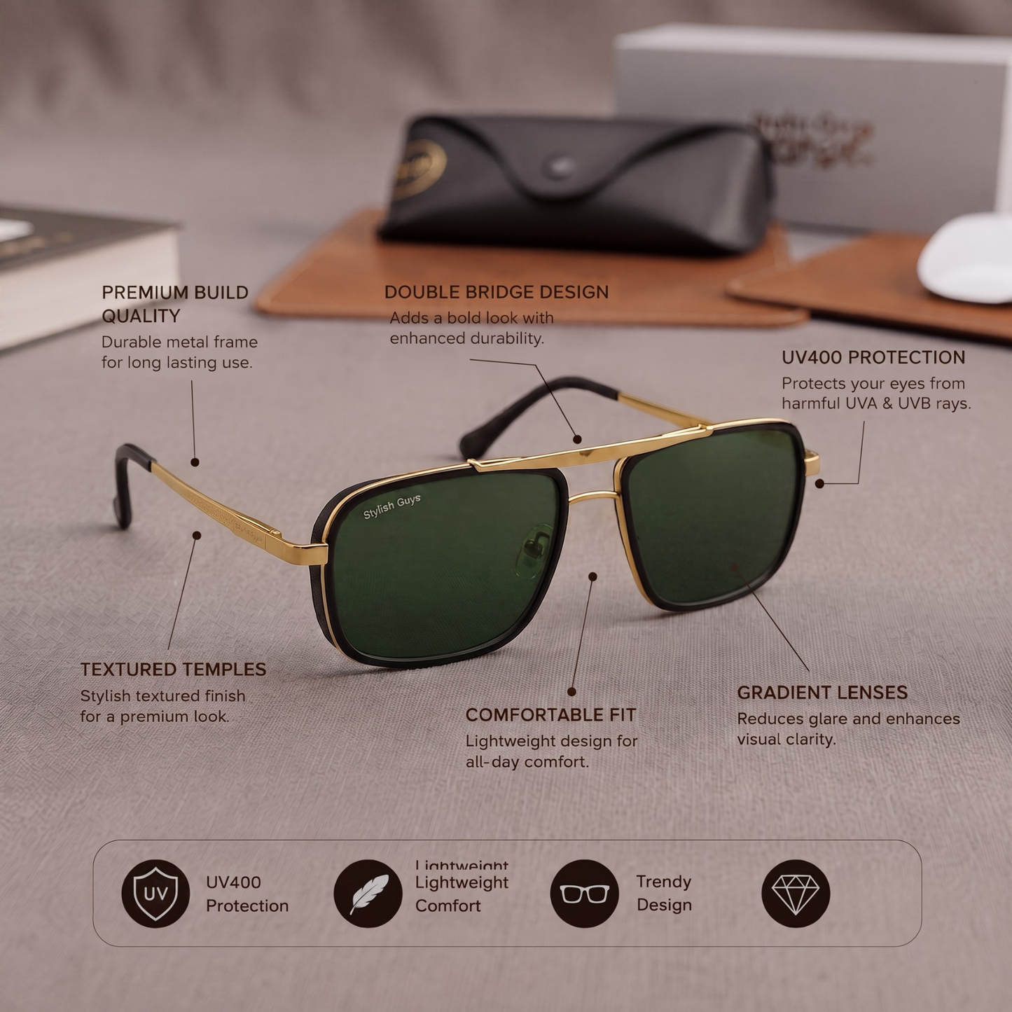 Sunglasses For Men With Green Glass & Golden Frame 4413 Square Sunglass By Sunglasses Deal