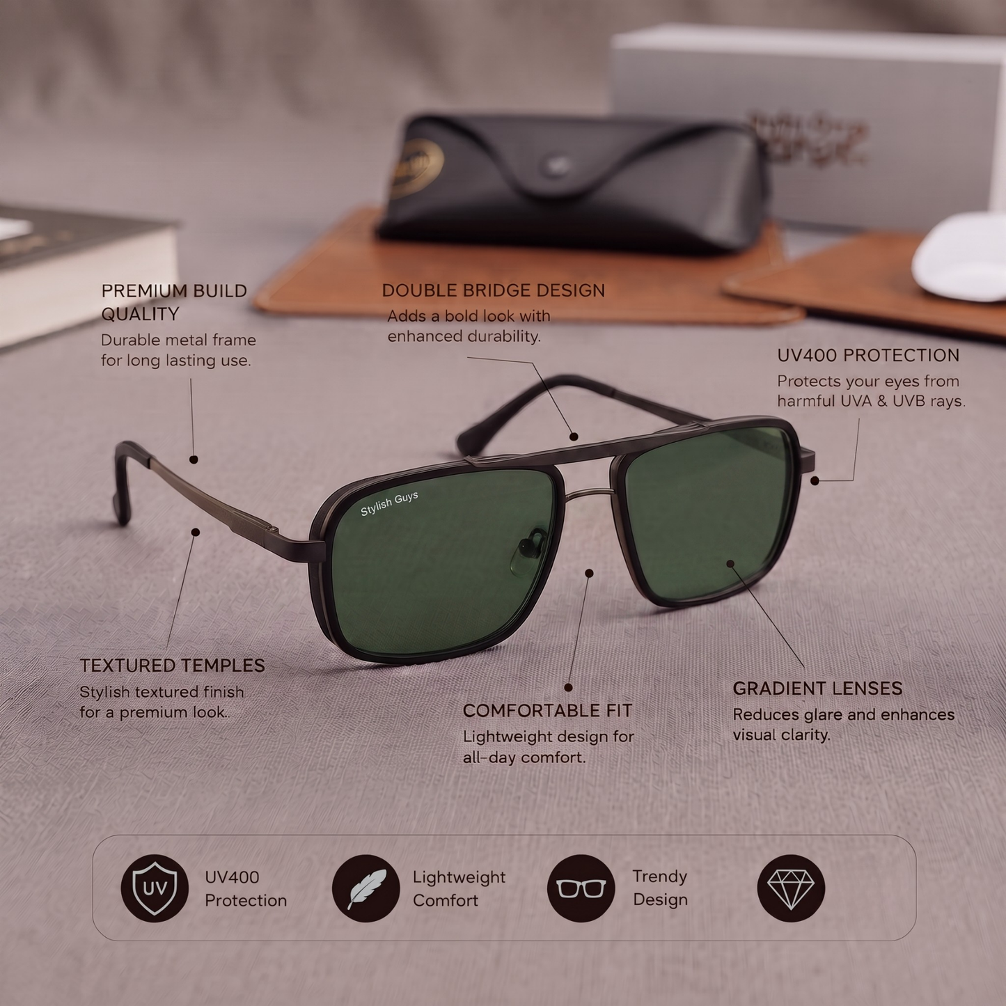 Sunglasses For Men With Green Glass & Black Frame 4413 Square Sunglass By Sunglasses Deal
