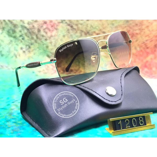 Top Trendy Hot New Stylish Attractive Brown Shade & Golden Evergreen UV Protected Square Aviator Sunglasses For King's Men & Women ( SG - 1208)