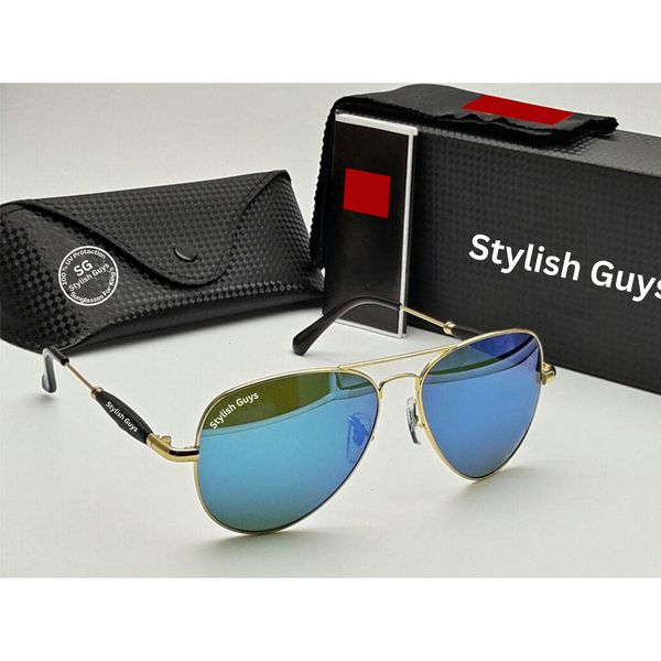 Top Trendy Hot New Stylish Attractive Aqua Blue & Golden 3517 Evergreen UV Protected Sunglasses For King's Men & Women