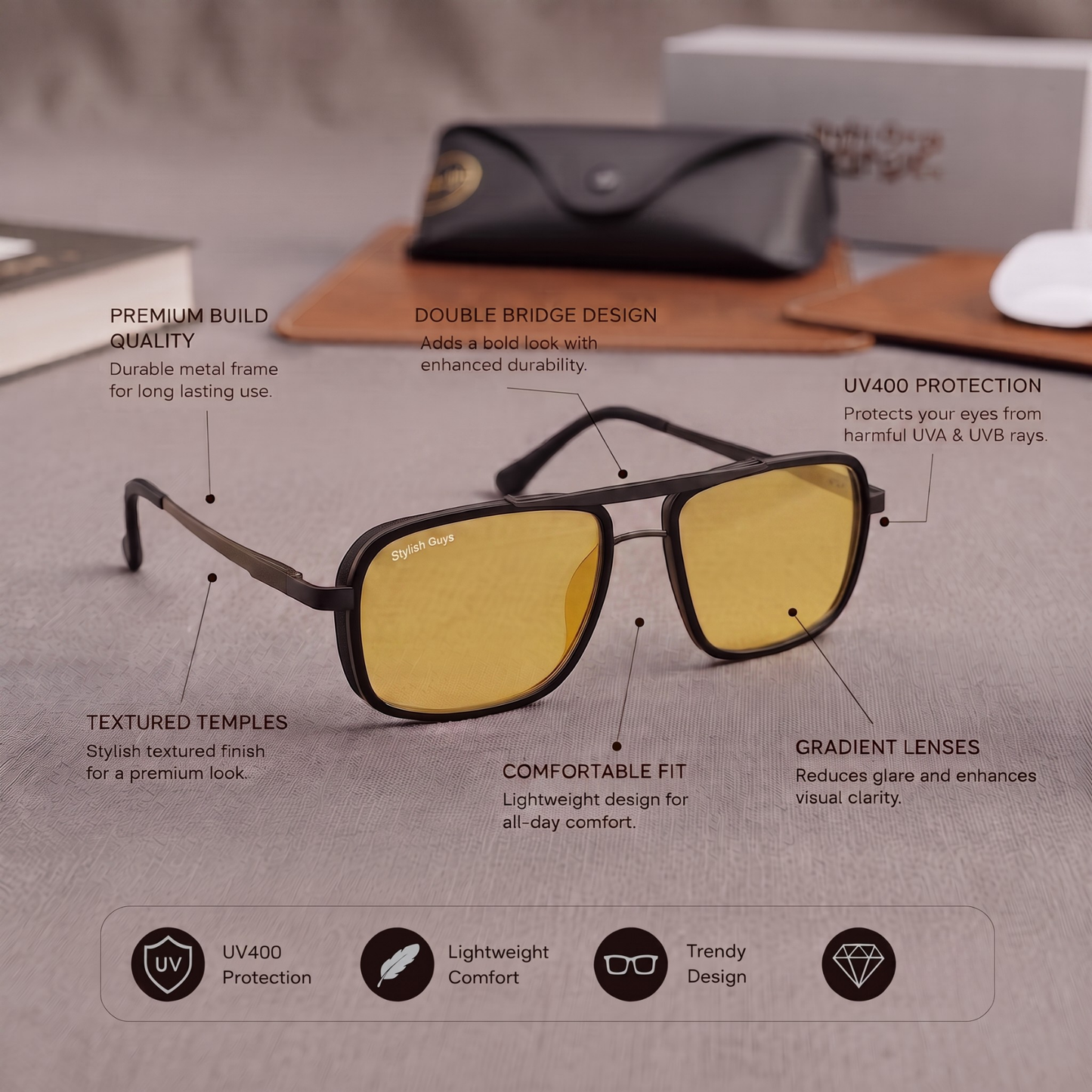 Sunglasses For Men With Candy Yellow Glass & Black Frame 4413 Square Sunglass By Sunglasses Deal