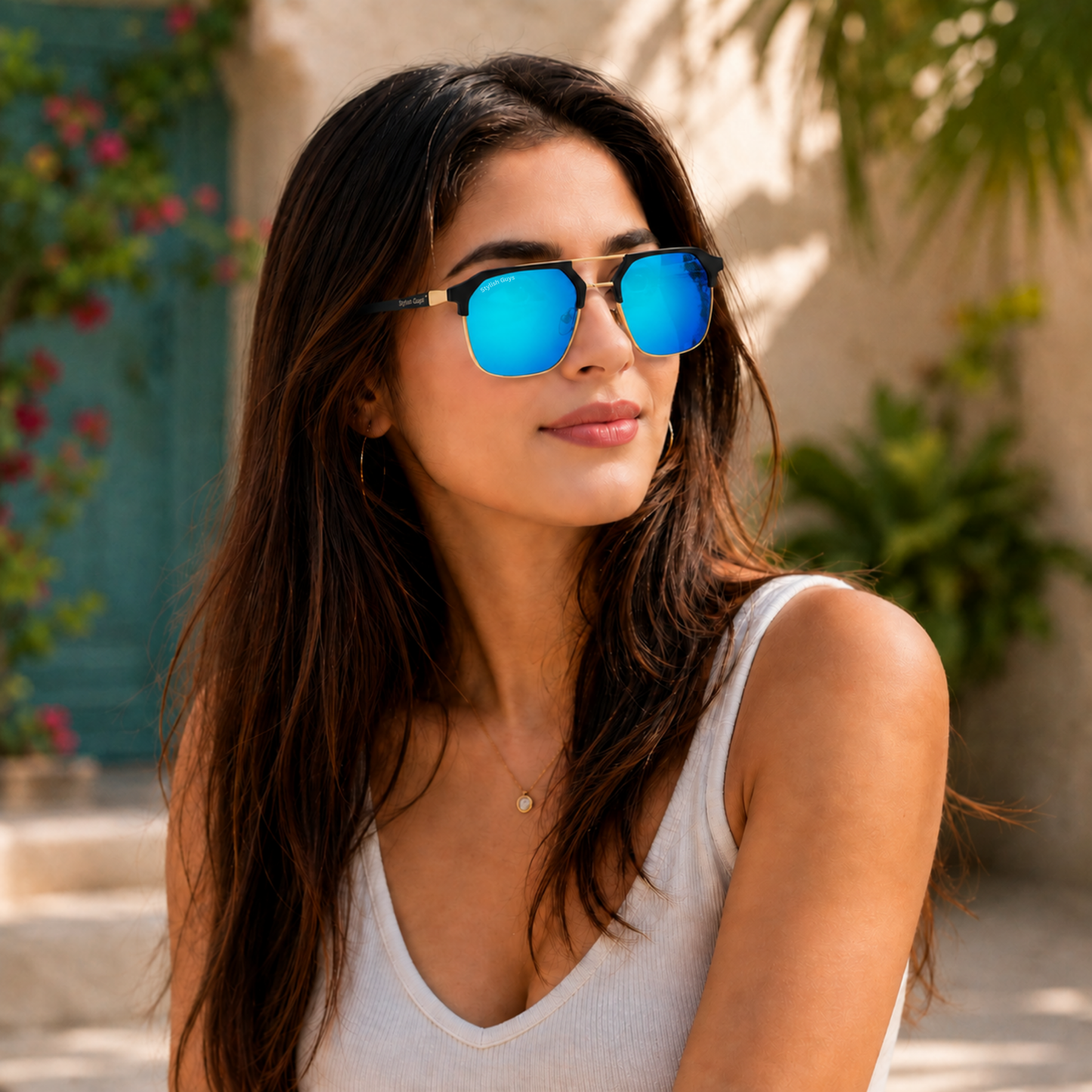 Sunglasses For Men With Aqua Blue Mercury Glass & Golden Frame 04 Square Polarized Sunglass By Sunglasses Deal