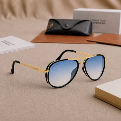 Sunglasses For Men With Blue Shade Glass & Golden Frame 4414 Aviator Oval Sunglass By Sunglasses Deal