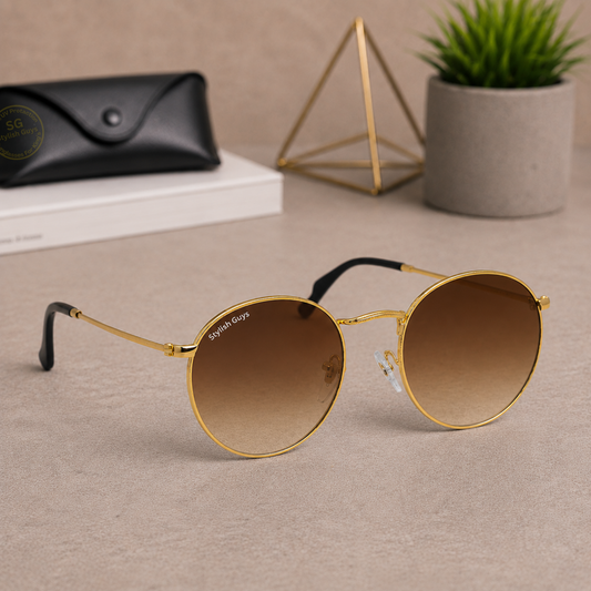 Sunglasses For Men With Brown Shade Glass & Golden Frame 3447 Panto Round Sunglass By Sunglasses Deal