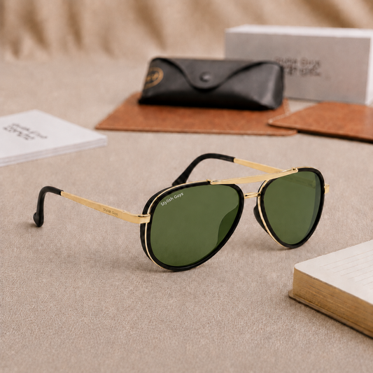 Sunglasses For Men With Green Glass & Golden Frame 4414 Aviator Oval Sunglass By Sunglasses Deal
