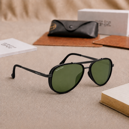 Sunglasses For Men With Green Glass & Black Frame 4414 Aviator Oval Sunglass By Sunglasses Deal