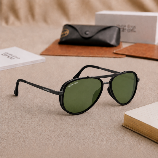 Sunglasses For Men With Green Glass & Black Frame 4414 Aviator Oval Sunglass By Sunglasses Deal