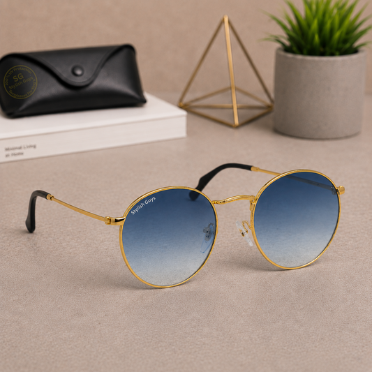 Sunglasses For Men With Blue Shade Glass & Golden Frame 3447 Panto Round Sunglass By Sunglasses Deal