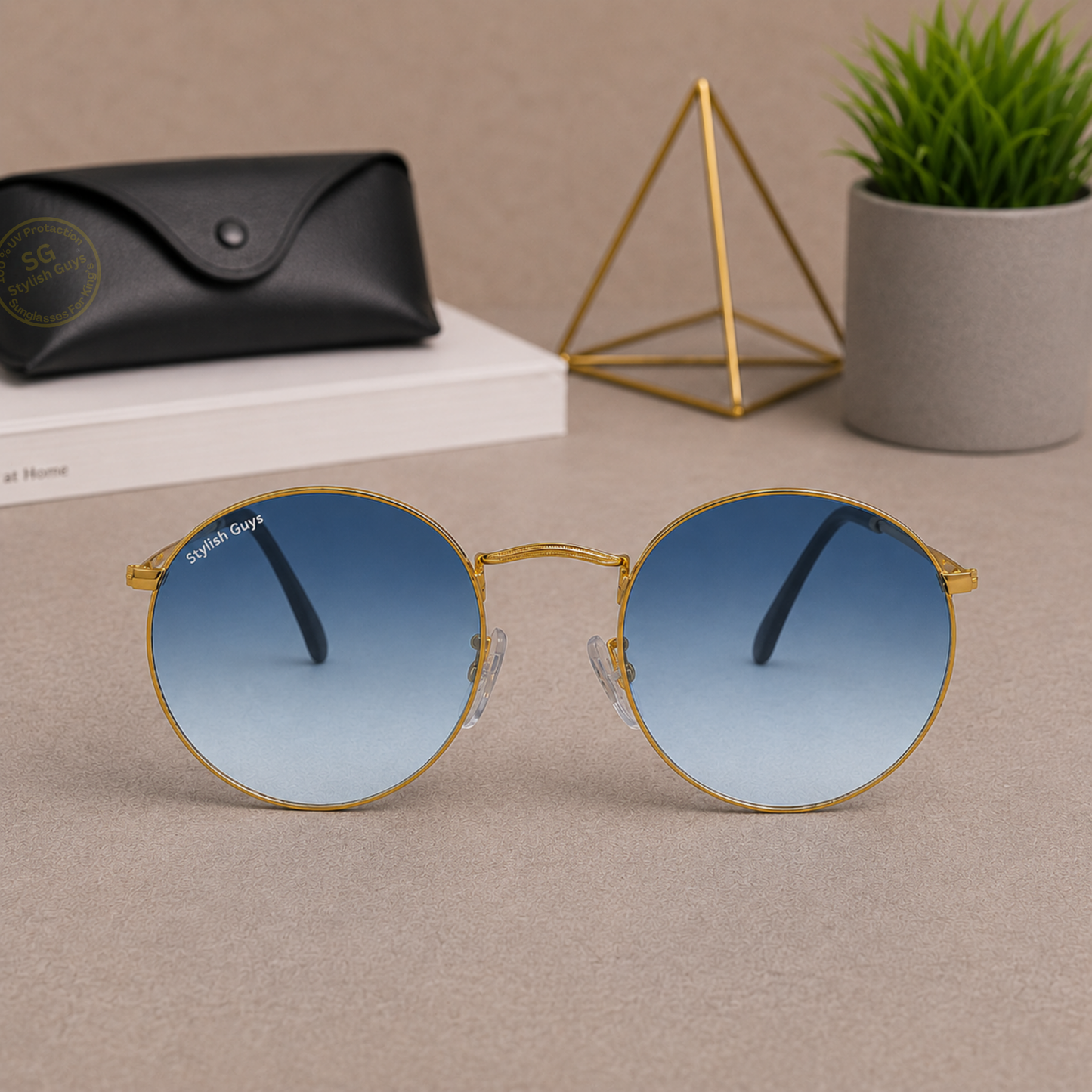 Sunglasses For Men With Blue Shade Glass & Golden Frame 3447 Panto Round Sunglass By Sunglasses Deal