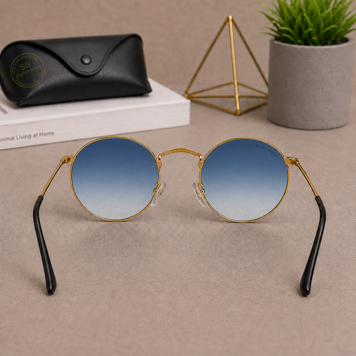 Sunglasses For Men With Blue Shade Glass & Golden Frame 3447 Panto Round Sunglass By Sunglasses Deal