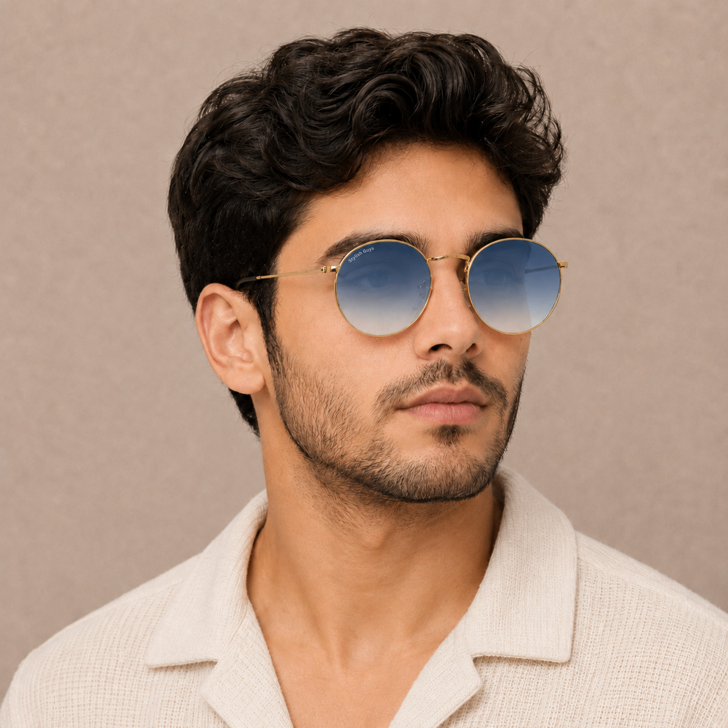 Sunglasses For Men With Blue Shade Glass & Golden Frame 3447 Panto Round Sunglass By Sunglasses Deal