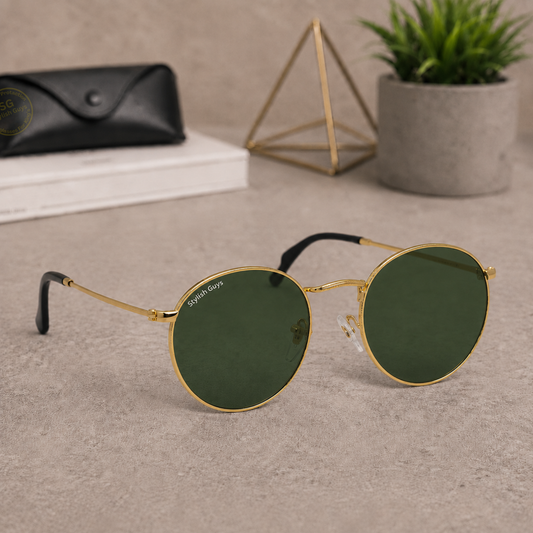 Sunglasses For Men With Green Glass & Golden Frame 3447 Panto Round Sunglass By Sunglasses Deal