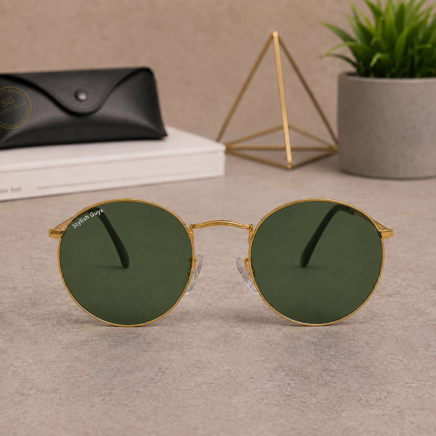 Sunglasses For Men With Green Glass & Golden Frame 3447 Panto Round Sunglass By Sunglasses Deal