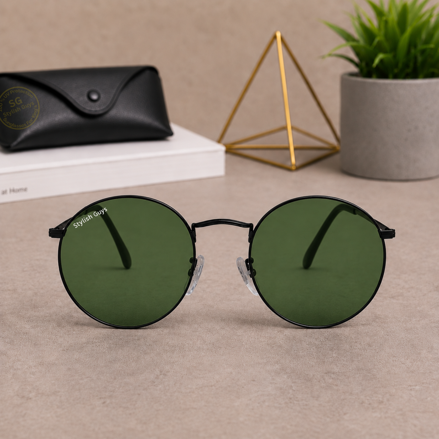 Sunglasses For Men With Green Glass & Black Frame 3447 Panto Round Sunglass By Sunglasses Deal
