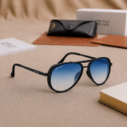 Sunglasses For Men With Blue Shade Glass & Black Frame 4414 Aviator Oval Sunglass By Sunglasses Deal