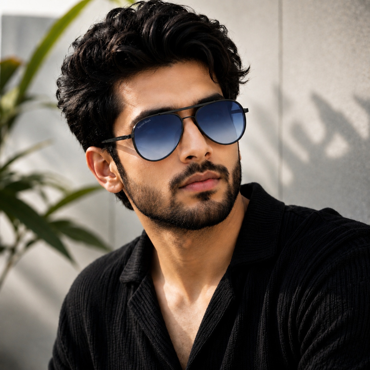 Sunglasses For Men With Blue Shade Glass & Black Frame 4414 Aviator Oval Sunglass By Sunglasses Deal