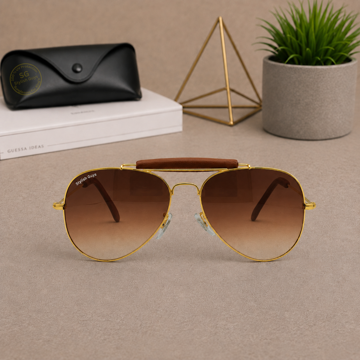 Sunglasses For Men With Brown Shade Glass & Golden Frame 3422 Aviator Bridge Sunglass By Sunglasses Deal