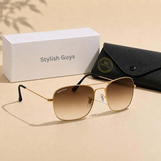 Sunglasses For Men With Brown Shade Glass & Golden Frame 3136 Square Sunglass By Sunglasses Deal