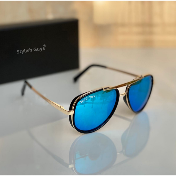 Top Trendy Hot New Stylish Attractive Aqua Blue & Golden 4414 Evergreen UV Protected Club Master Sunglasses For King's Men & Women ( SG - 4414 )