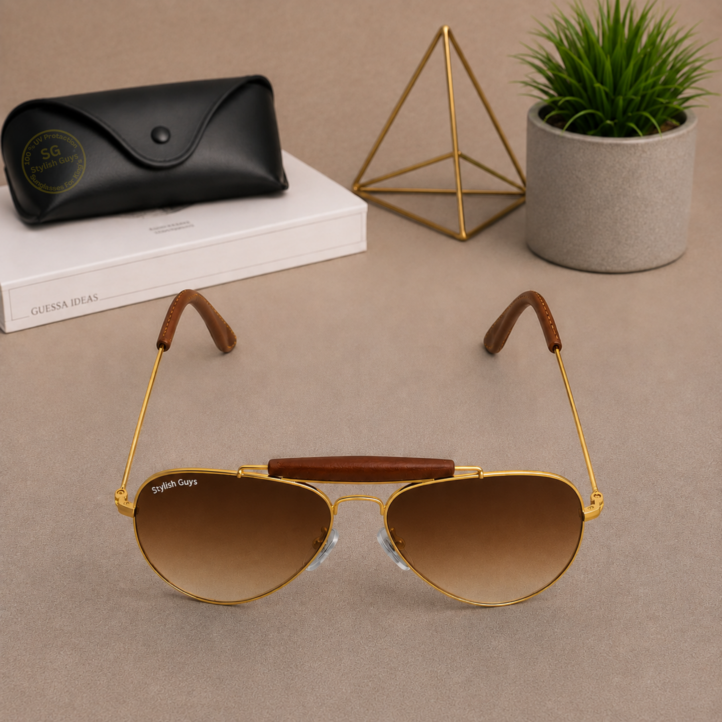 Sunglasses For Men With Brown Shade Glass & Golden Frame 3422 Aviator Bridge Sunglass By Sunglasses Deal